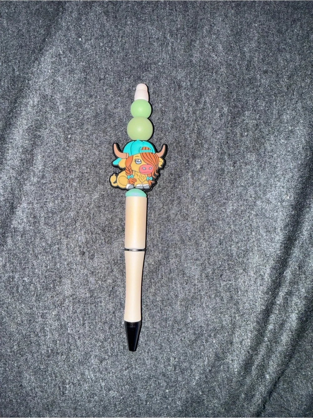 Cute Cow Character Beaded Pen in Green and Cream